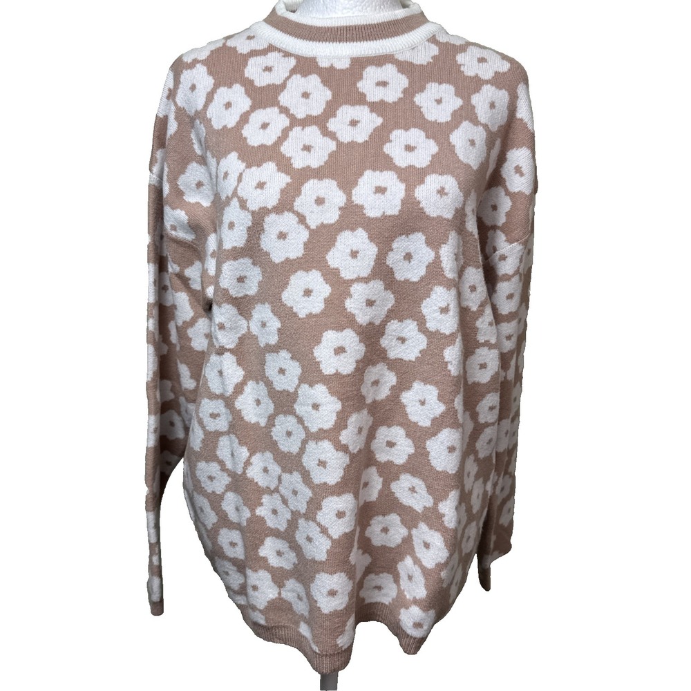 PRETTYGARDEN Floral Knit Sweater M Tan Cream Daisy Crewneck Cottagecore Pullover